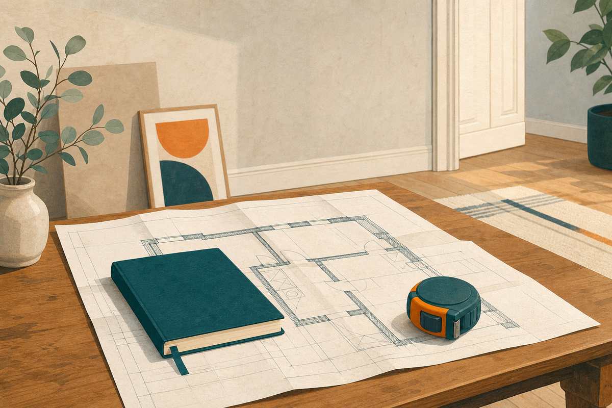 Illustrierter Tisch mit Bauplan, Notizbuch und Maßband zur Vorbereitung einer Altbau-Renovierung.