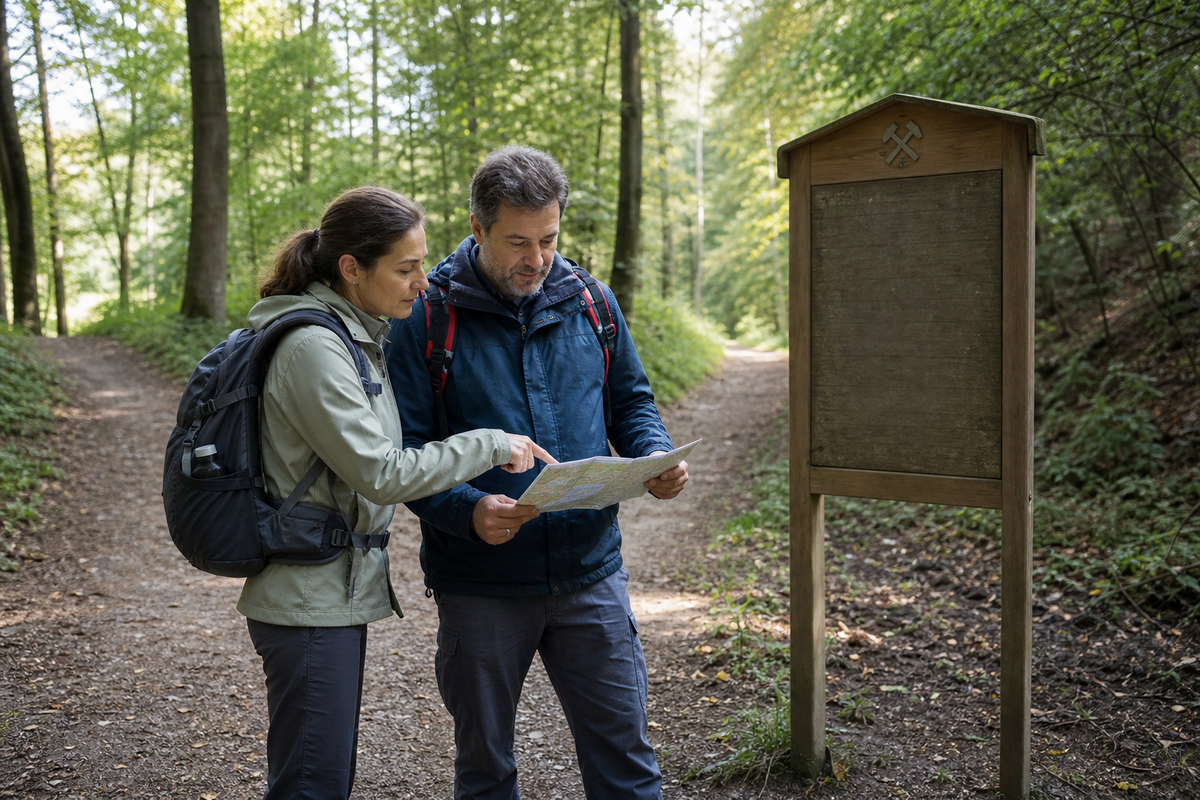 Zwei Wandernde orientieren sich an einer Karte neben einer neutralen Infotafel auf einem bewaldeten Weg.