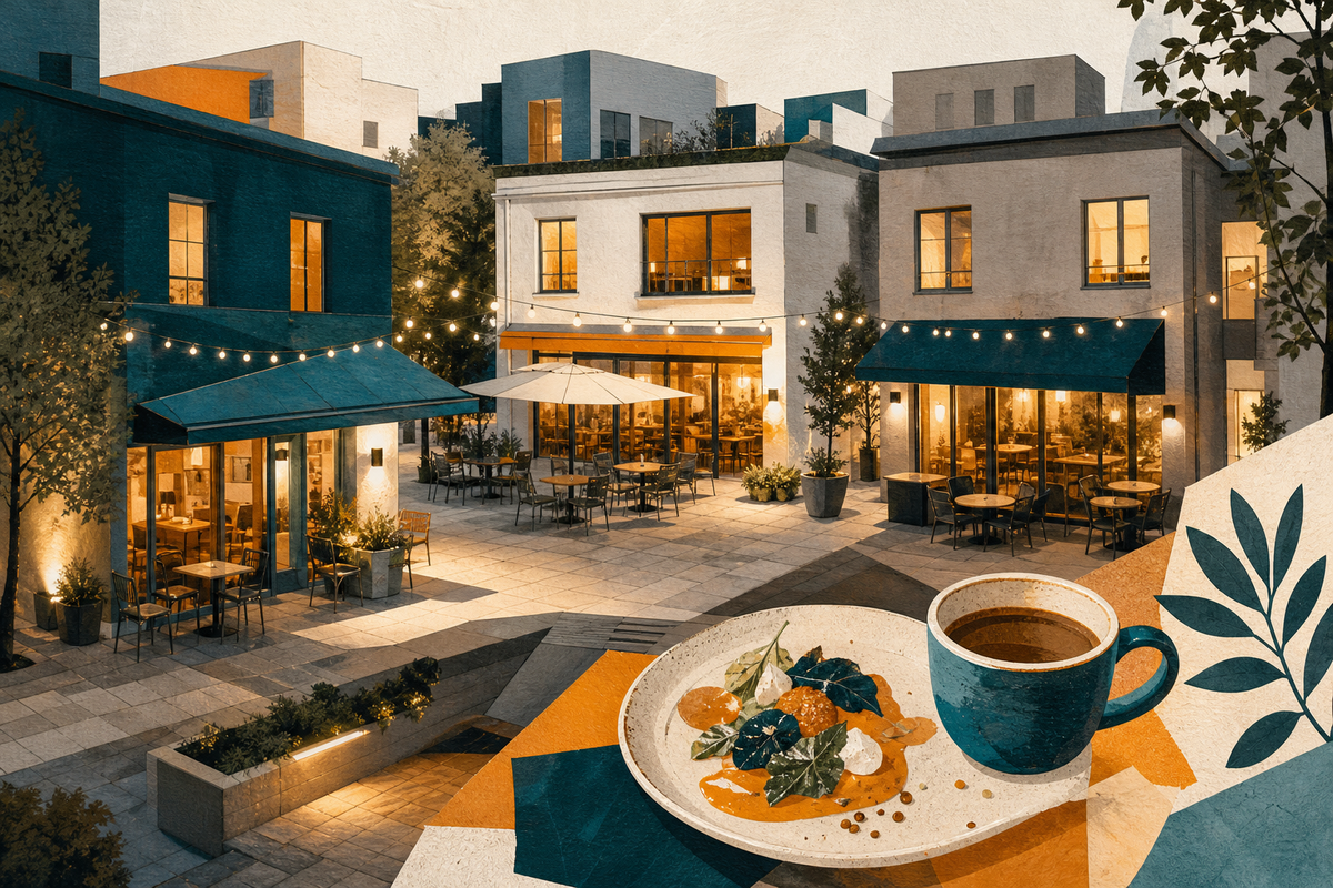 Illustriertes Stadtquartier mit Gastronomiefassaden, kleinen Tischen, Tasse und Teller in warmer Abendstimmung