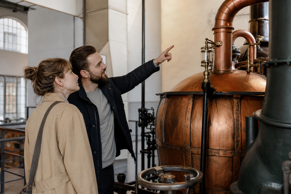 Zwei fiktive Besucher betrachten eine historische Brauanlage in einer neutralen Industrieausstellung.