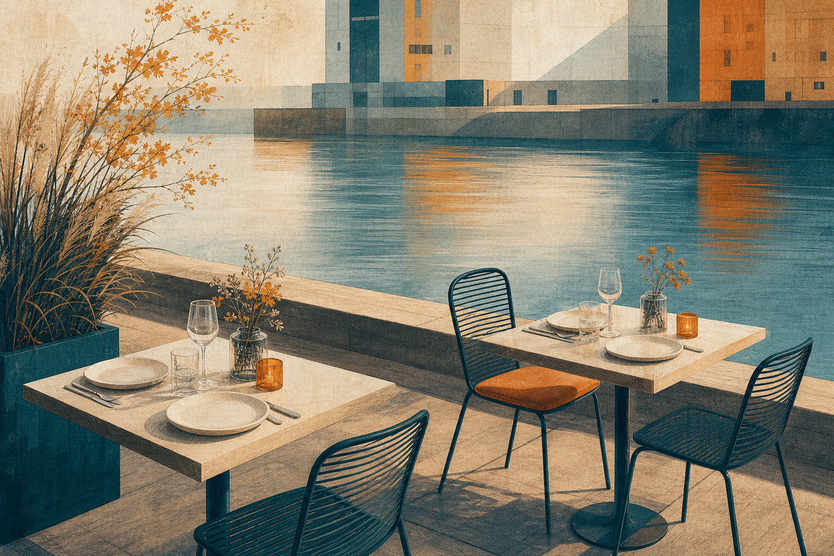 Illustration mit zwei Terrassentischen an ruhigem Wasser vor abstrahierten Speicherfassaden.