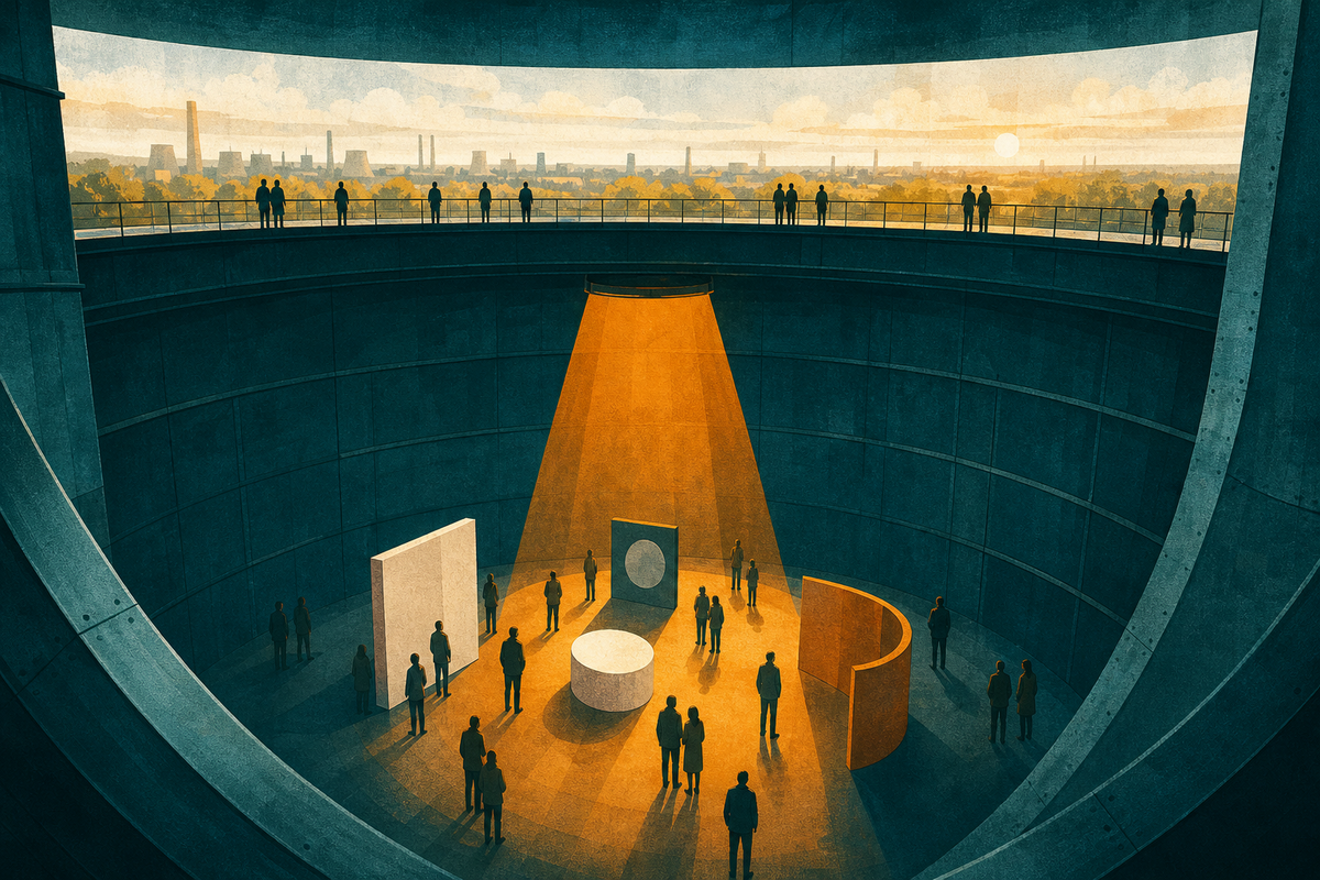 Illustration eines abstrakten Industrieraums mit Besuchern, Lichtkegel und separatem Horizontstreifen für Panorama