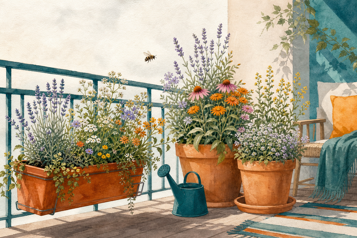 Illustrierter Balkon mit Wildblumen in Kübeln und Balkonkasten, eine Wildbiene fliegt auf eine Blüte zu