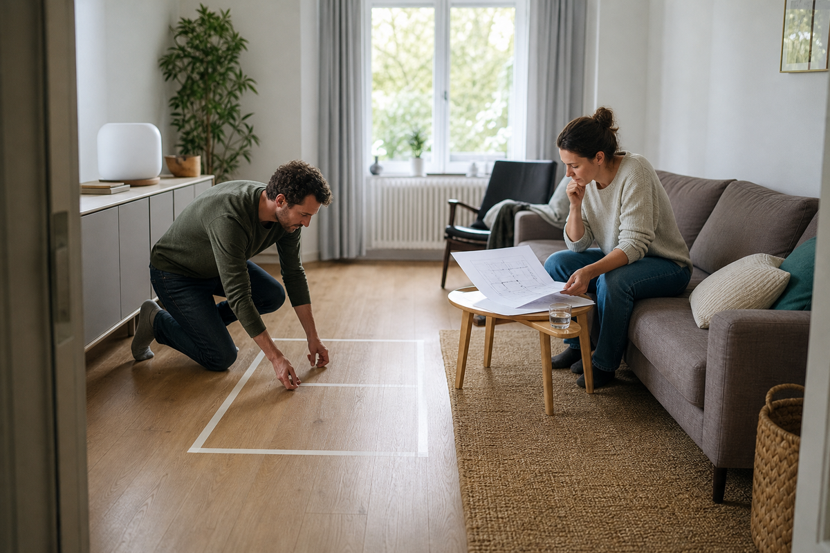 Zwei Personen testen mit Bodenmarkierungen und Papiergrundriss die Möbelanordnung in einem kleinen Wohnzimmer.