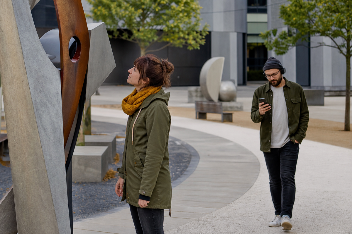 Zwei fiktive Personen erkunden mit Smartphone und Kopfhörern abstrakte Skulpturen auf einem Stadtplatz.