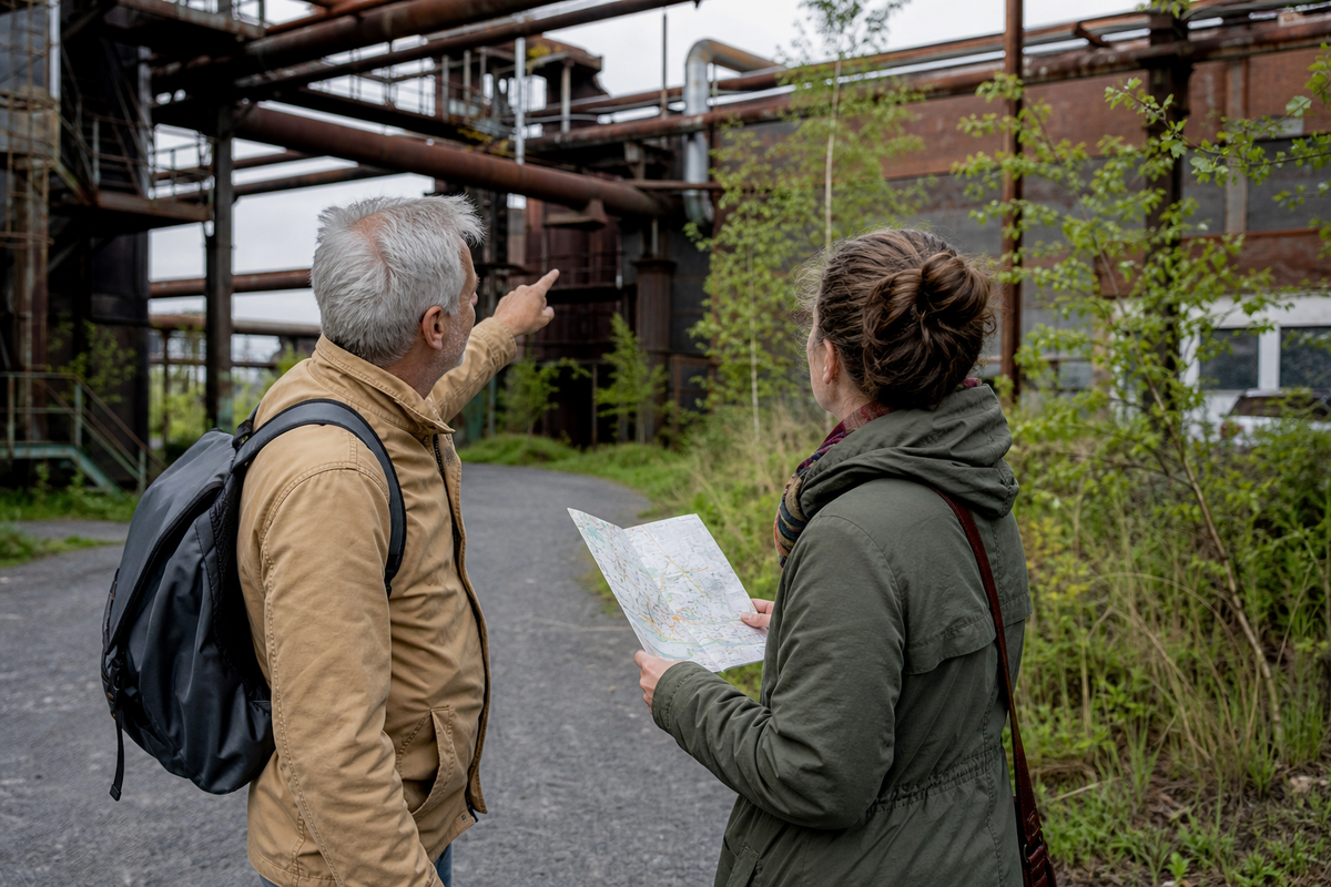 Zwei Menschen mit Faltplan auf einem Weg zwischen Stahlgerüsten und grüner Industrienatur.
