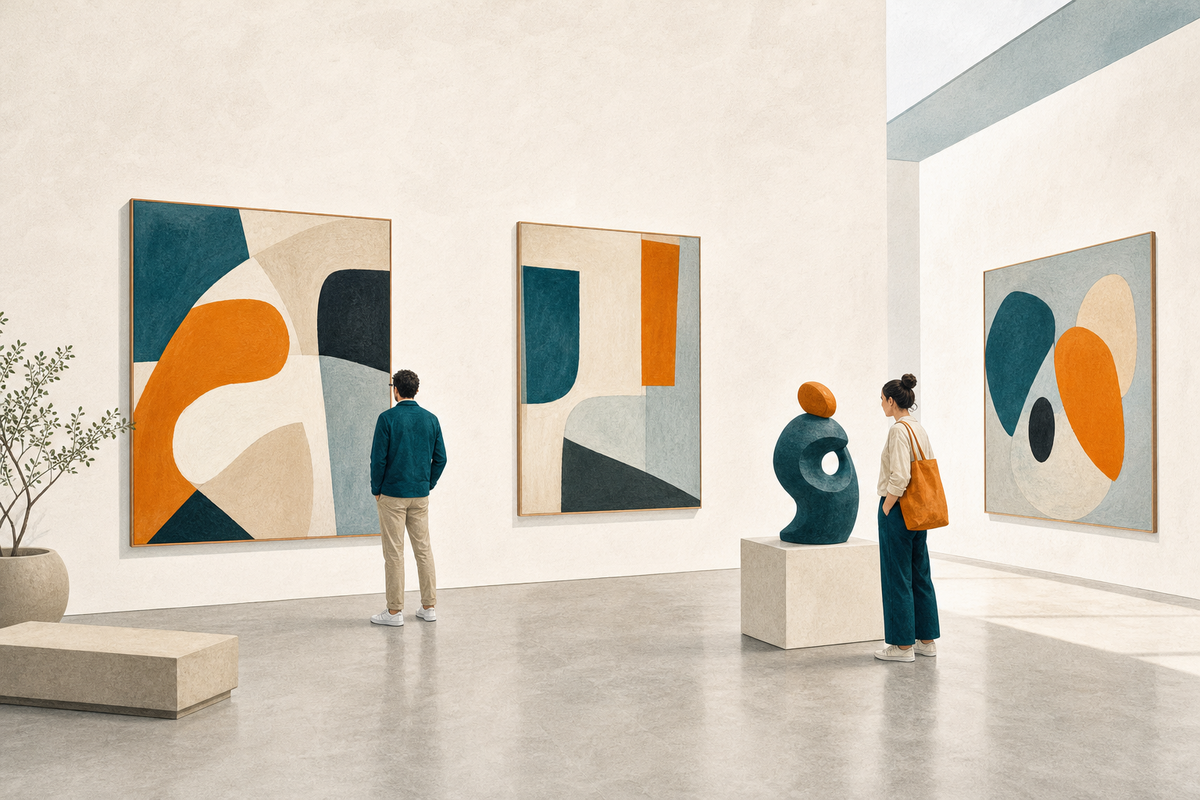 Zwei Personen betrachten erfundene abstrakte Kunst in einer hellen, stilisierten Galerie.