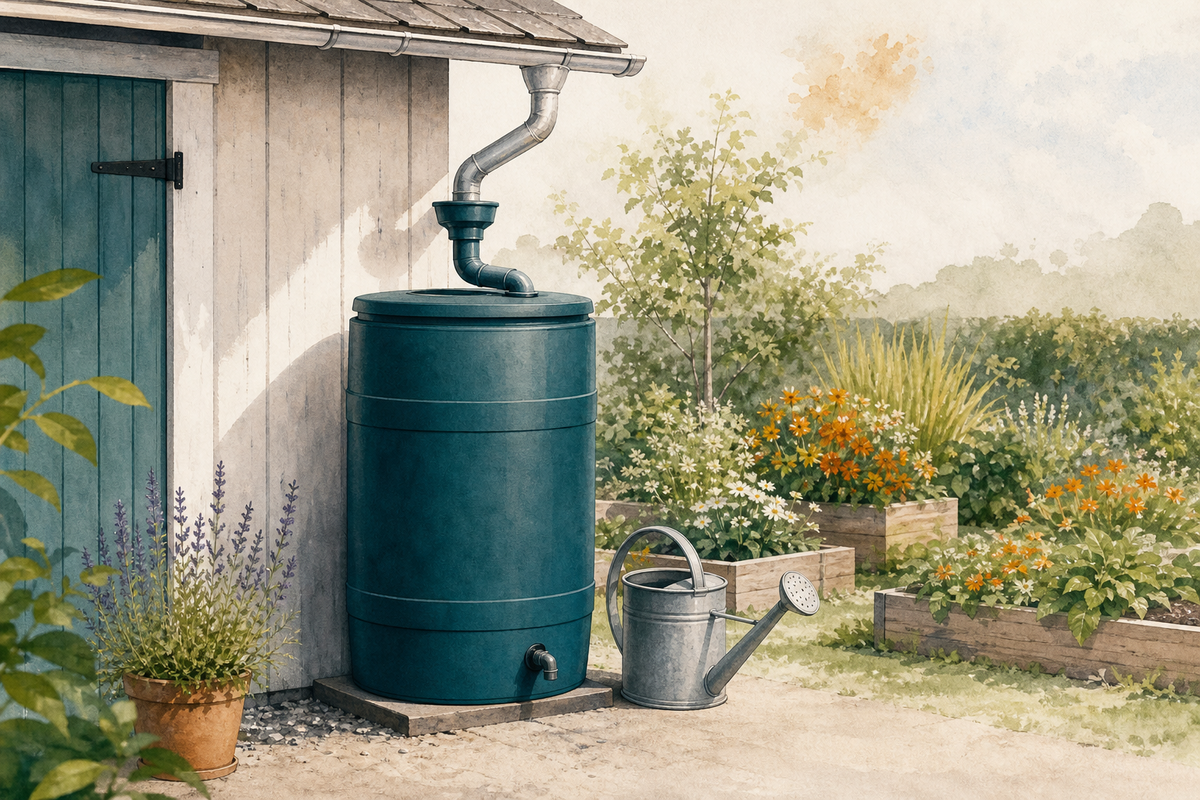 Illustrierte geschlossene Regentonne mit Fallrohr und Gießkanne neben Gartenhaus und kleinen Beeten.