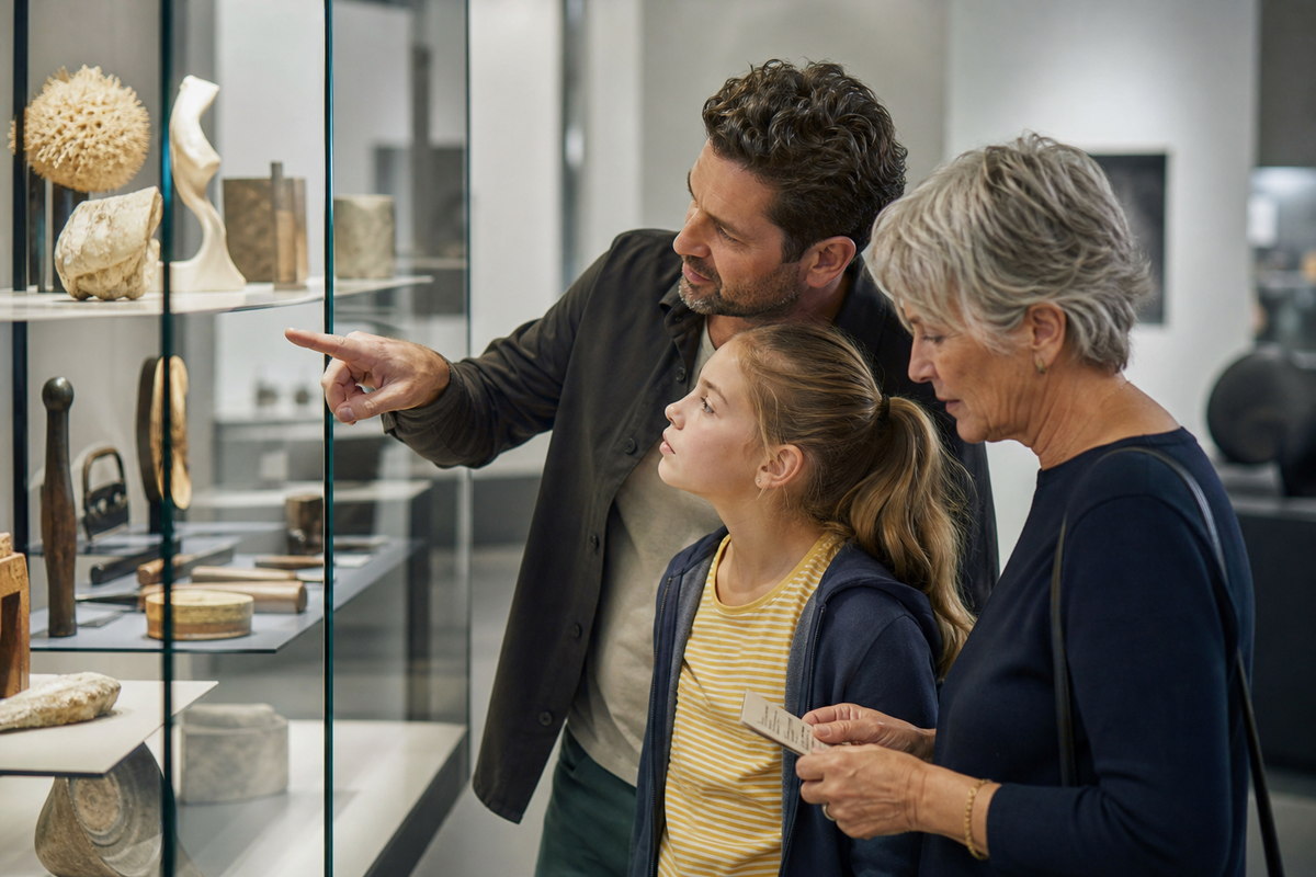 Fiktive Besucher betrachten gemeinsam Natur-, Werkzeug- und Alltagsobjekte in einem neutralen Museumsraum.