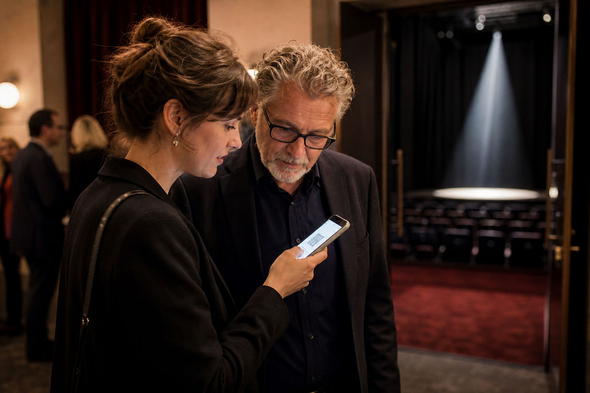Zwei fiktive Theatergäste prüfen im Foyer eine digitale Eintrittskarte vor einer Bühne.