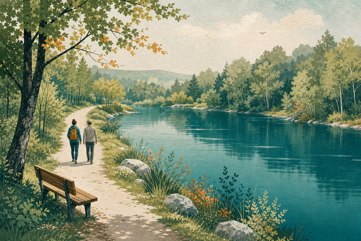 Illustration eines Waldwegs mit zwei Spaziergängern, Bank und ruhiger Wasserfläche.
