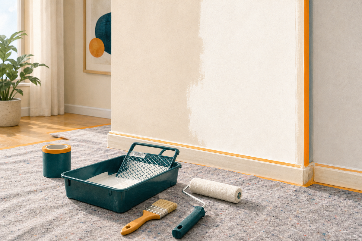 Illustrierter vorbereiteter Wohnraum mit Abdeckvlies, Farbwanne, Roller und Pinsel vor einer intakten Wand.