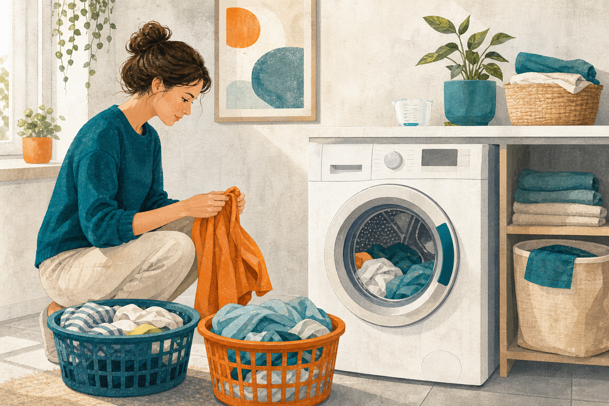 Illustration einer Person, die Wäsche neben Frontlader, zwei Körben und Dosierbecher sortiert.