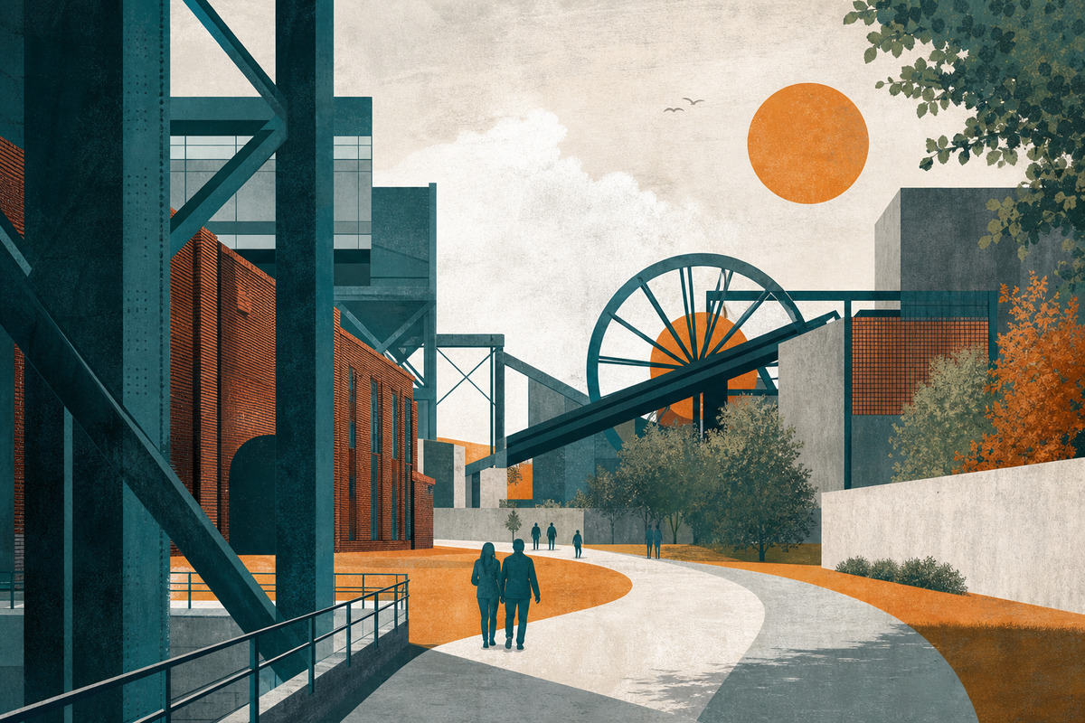 Illustration mit Stahlträgern, Backsteinflächen und Spazierweg als Symbol für Industriekultur.